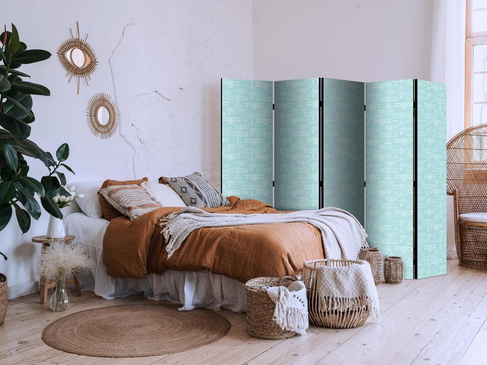 Room Divider - Sketch - Outline of an Airplane in White on a Turquoise Background- A 5 Panel Folding Screen For Living rooms, bedrooms or home office, decorative folding screen made with wood and canvas