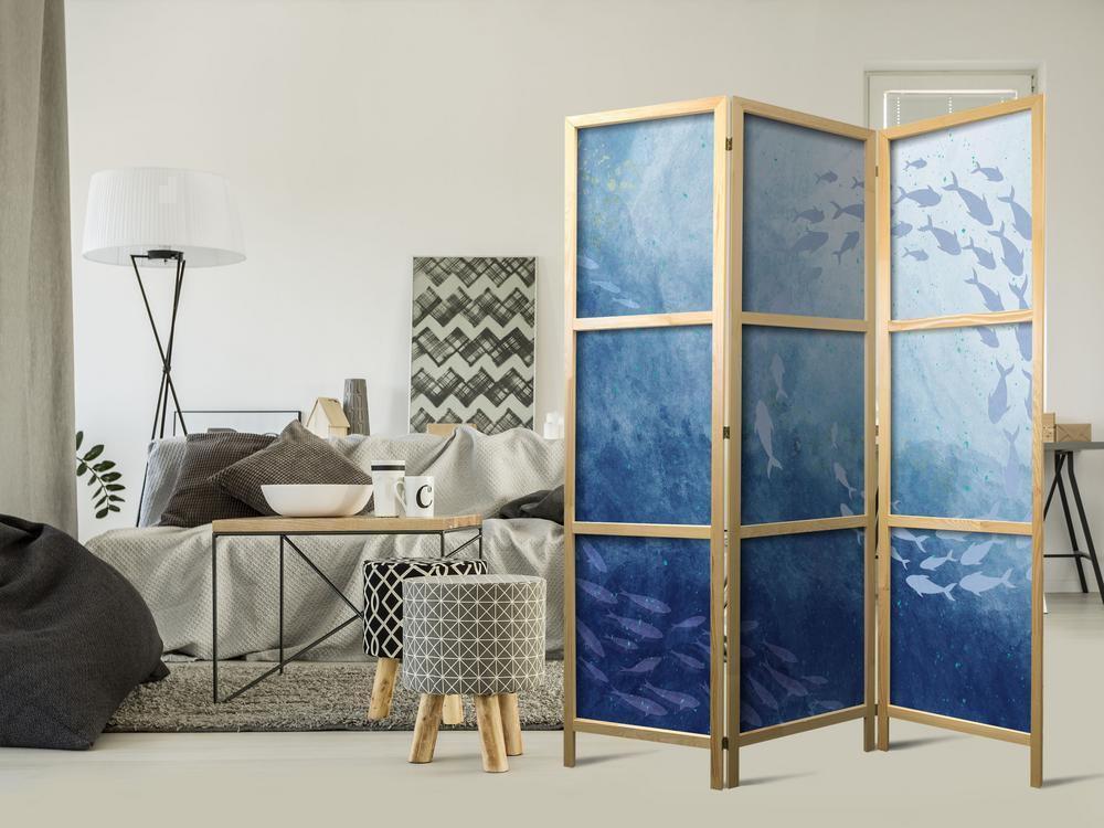 Japanese Room Divider - Schools of Fish - Luminous Clusters of Fish in Blue Among Ocean Depths