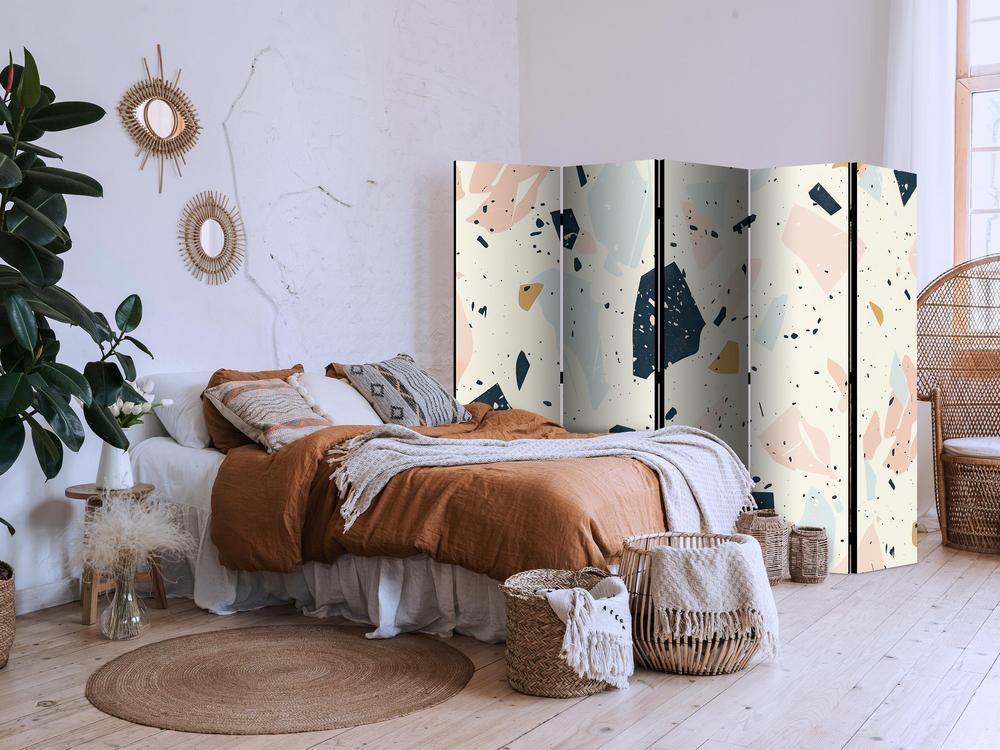 Room Divider - Terrazzo with Large - Scaled Stones in Subdued Colors- A 5 Panel Folding Screen For Living rooms, bedrooms or home office, decorative folding screen made with wood and canvas