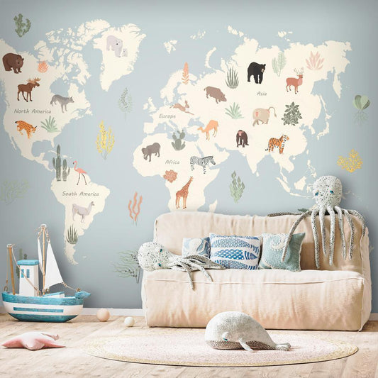 Wall Mural - Pastel Planet - Animals and Underwater Plants on a Map-Wall Murals-ArtfulPrivacy