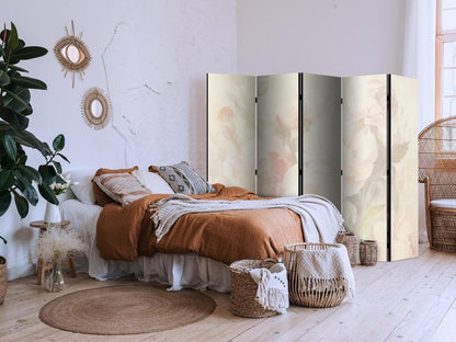 Room Divider - Blooming Peonies - Bright Large Flowers Enveloped in White Mist- A 5 Panel Folding Screen For Living rooms, bedrooms or home office, decorative folding screen made with wood and canvas