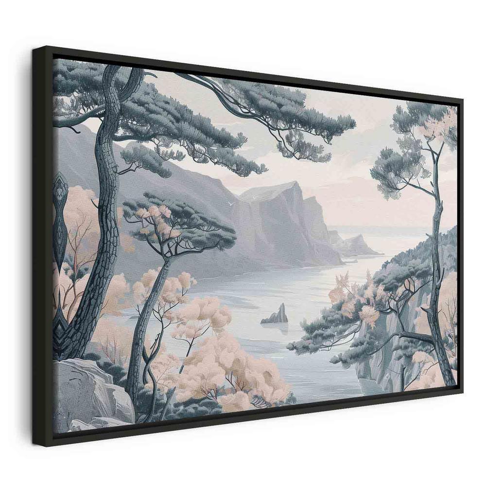 Impression sur toile - Côte montagneuse avec arbres et rochers dans des tons bleus pastel clairs