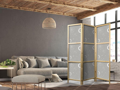 Japanese Room Divider - Cosmic Fireworks - Elegant Pattern with Moons and Stars on a Gray Background