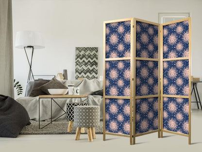 Japanese Room Divider - Sunny Patterns - Repeating Sun Motif on a Navy Background