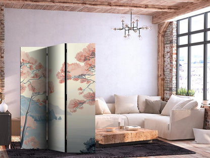 Room Divider - Landscape with the Ocean - Cliffs - and Trees in Delicate Pink Shades