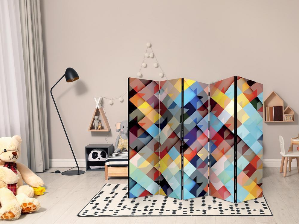 Room Divider - Colour Patchwork II- A 5 Panel Folding Screen For Living rooms, bedrooms or home office, decorative folding screen made with wood and canvas