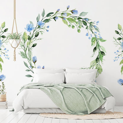 Wall Mural - Romantic wreath - plant motif with blue flowers and leaves-Wall Murals-ArtfulPrivacy