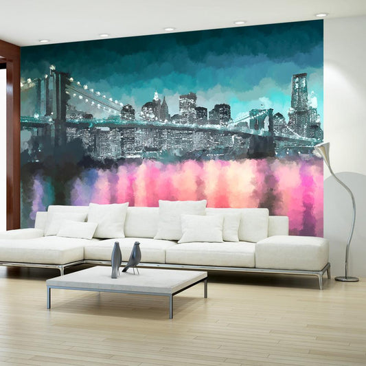 Wall Mural - Painted New York - Nighttime Architecture against the Background of the Brooklyn Bridge-Wall Murals-ArtfulPrivacy