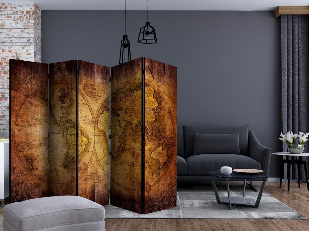 Room Divider - World on old map II- A 5 Panel Folding Screen For Living rooms, bedrooms or home office, decorative folding screen made with wood and canvas