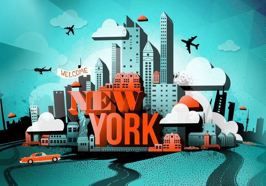 Wall Mural - Street Art - Red New York Text with Skyscraper and Car Motif-Wall Murals-ArtfulPrivacy