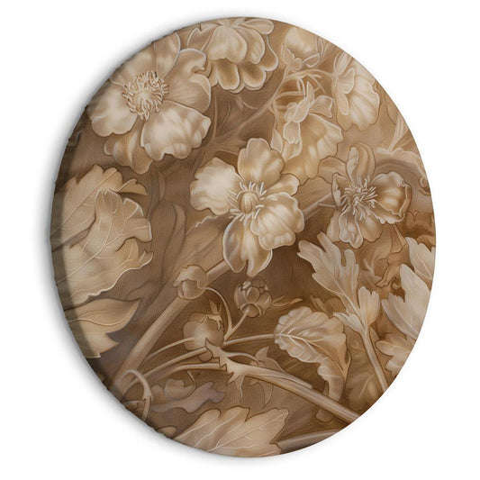 Round Canvas Print - Floral Ornaments Carved in Delicate Sepia and Brown Shades