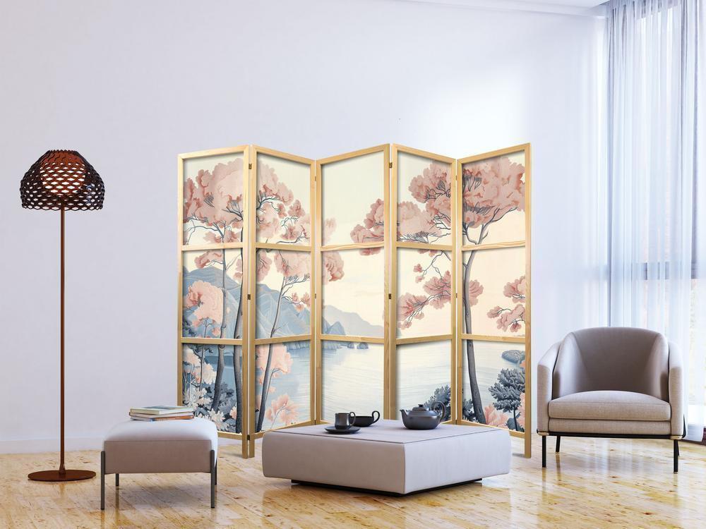 Japanese Room Divider - Landscape with the Ocean - Cliffs - and Trees in Delicate Pink Shades