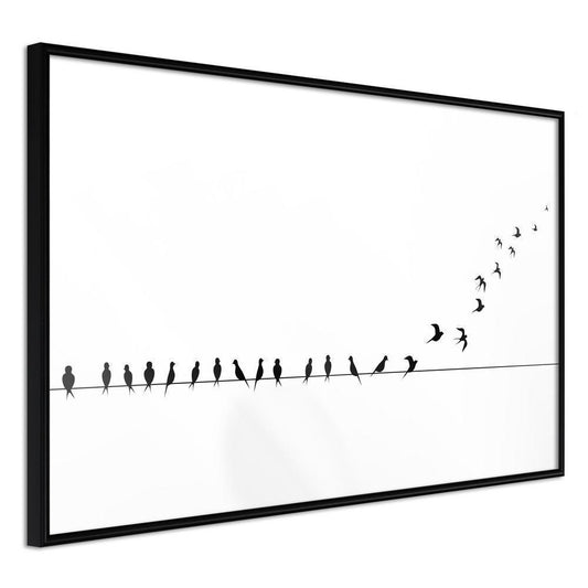 Black and White Framed Poster - Birds on a Wire-artwork for wall with acrylic glass protection