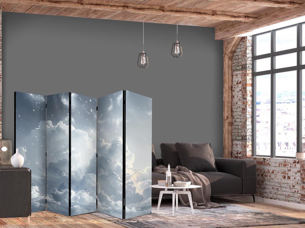 Room Divider - Astral Calm: Stars Scattered Above Gentle Clouds- A 5 Panel Folding Screen For Living rooms, bedrooms or home office, decorative folding screen made with wood and canvas