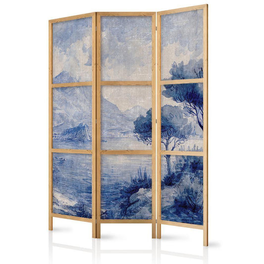 Japanese Room Divider - Italian Landscape - Lake Como Painted in Shades of Blue