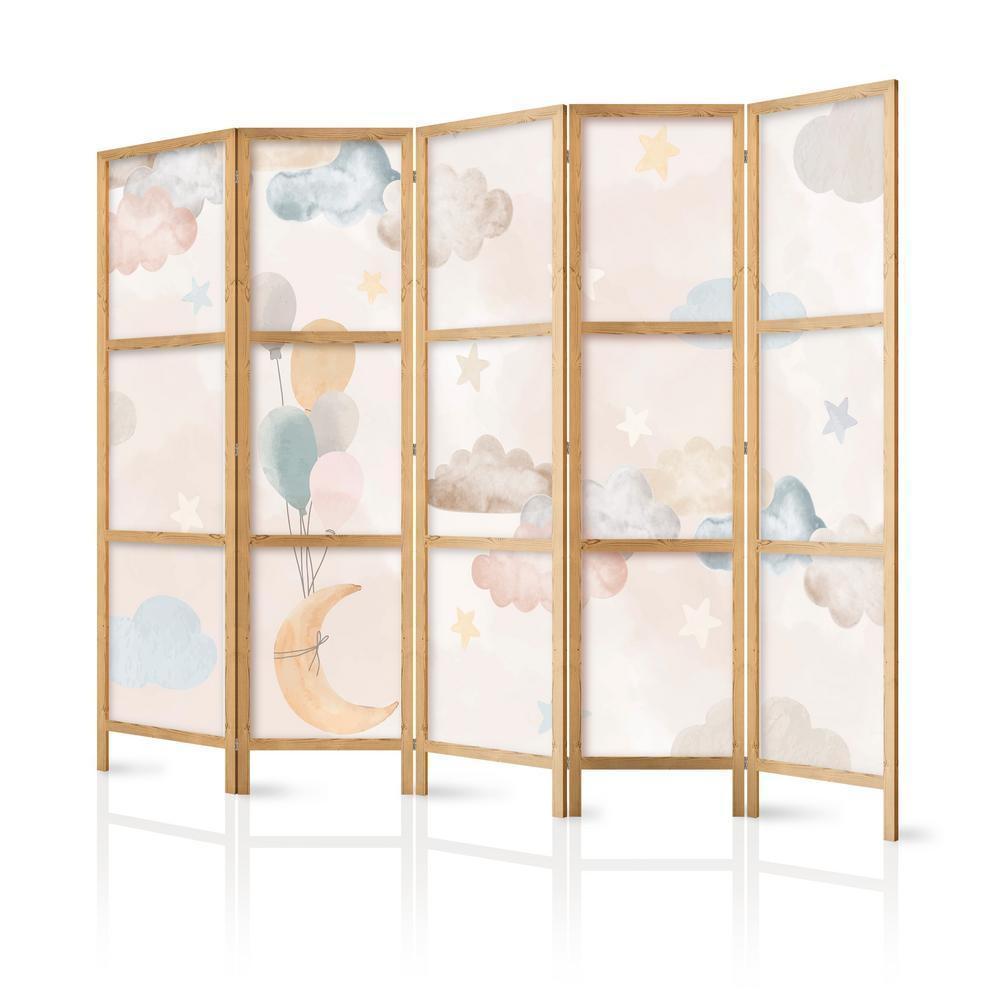 Japanese Room Divider - Fairy-Tale Moon - Moon with balloons among clouds and stars in subdued colors on a light beige background