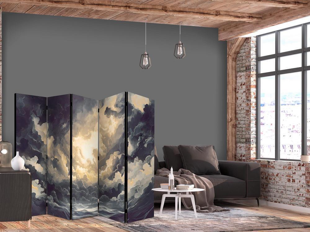 Room Divider - Epic Light Play: The Sun Battling for Dominance Over the Clouds- A 5 Panel Folding Screen For Living rooms, bedrooms or home office, decorative folding screen made with wood and canvas