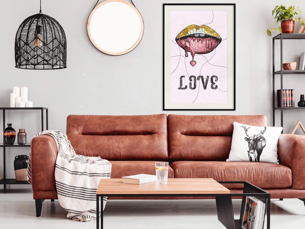 Typography Framed Art Print - Lip Gloss and Love-artwork for wall with acrylic glass protection