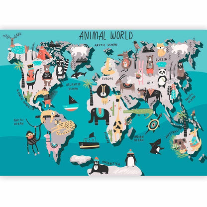 Wall Mural - Geography lesson for children - colourful world map with animals