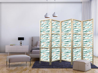 Japanese Room Divider - Fish Jumping Over Waves - Oriental Fish and Water Lilies Among High Waves in Shades of Sea Green