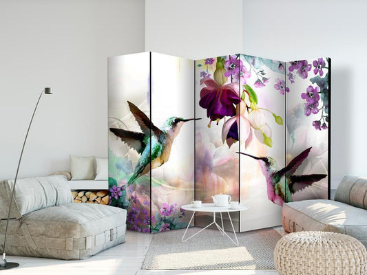 Decorative partition-Room Divider - Hummingbirds and Flowers II-Folding Screen Wall Panel by ArtfulPrivacy