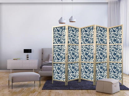 Japanese Room Divider - Rose Vines - Monochromatic Blue Birds Resting Among Roses