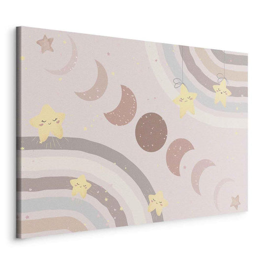 Canvas Print - Joyful Sky - Yellow Cheerful Stars with a Rainbow Against the Phases of the Moon in a Light Beige Sky Hue