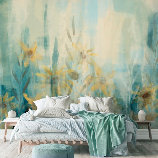 Wall Mural - A touch of summer - floral motif with a meadow of flowers in blue tones-Wall Murals-ArtfulPrivacy