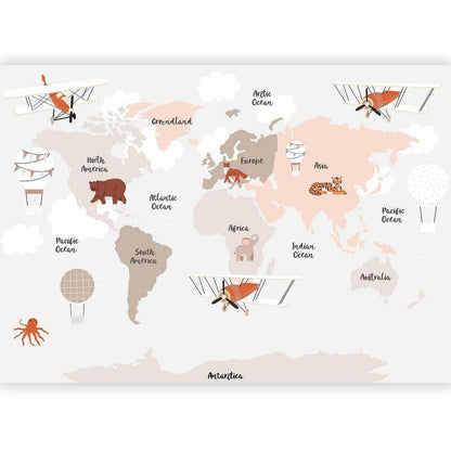 Wall Mural - Map in Shades of Beige - Continents With Animals