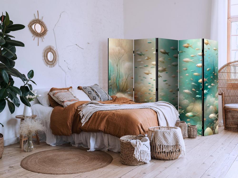 Room Divider - Spectacular Underwater Landscape - Fish in an Underwater World in Turquoise Blue Beige and Delicate Orange Colors- A 5 Panel Folding Screen For Living rooms, bedrooms or home office, decorative folding screen made with wood and canvas