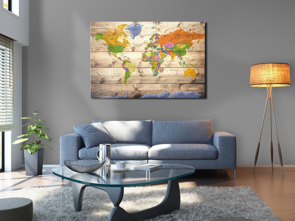 Cork board Canvas with design - Decorative Pinboard - Map on wood: Colourful Travels-ArtfulPrivacy