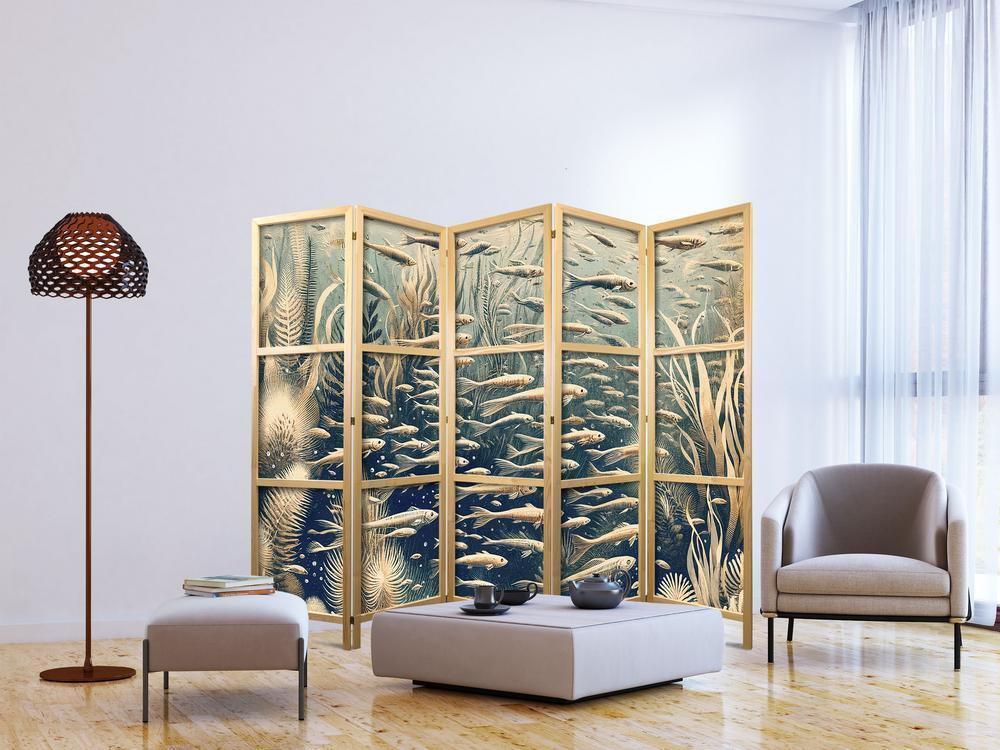 Japanese Room Divider - Life in The Ocean - Underwater World of Fish And Vegetation in Beige And Navy Colors in Retro Style