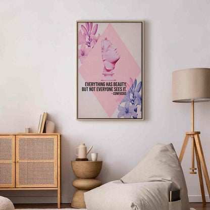 Canvas Print - Beauty in the Eyes - Inspirational Quote with Pink Bust and Flowers