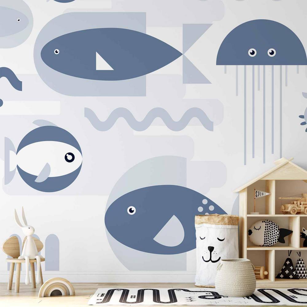 Wall Mural - Minimalist ocean - geometric fish and crabs in water for kids