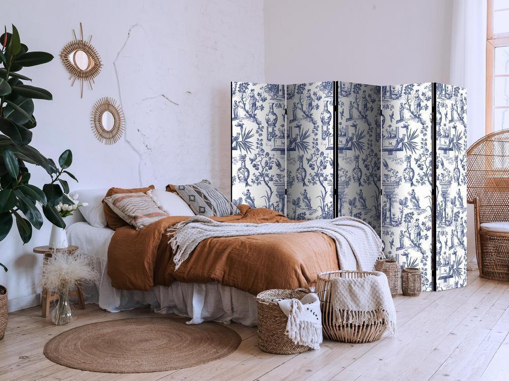 Room Divider - Rome and Botany - Blue Pattern with a Greek and Plant Motif- A 5 Panel Folding Screen For Living rooms, bedrooms or home office, decorative folding screen made with wood and canvas