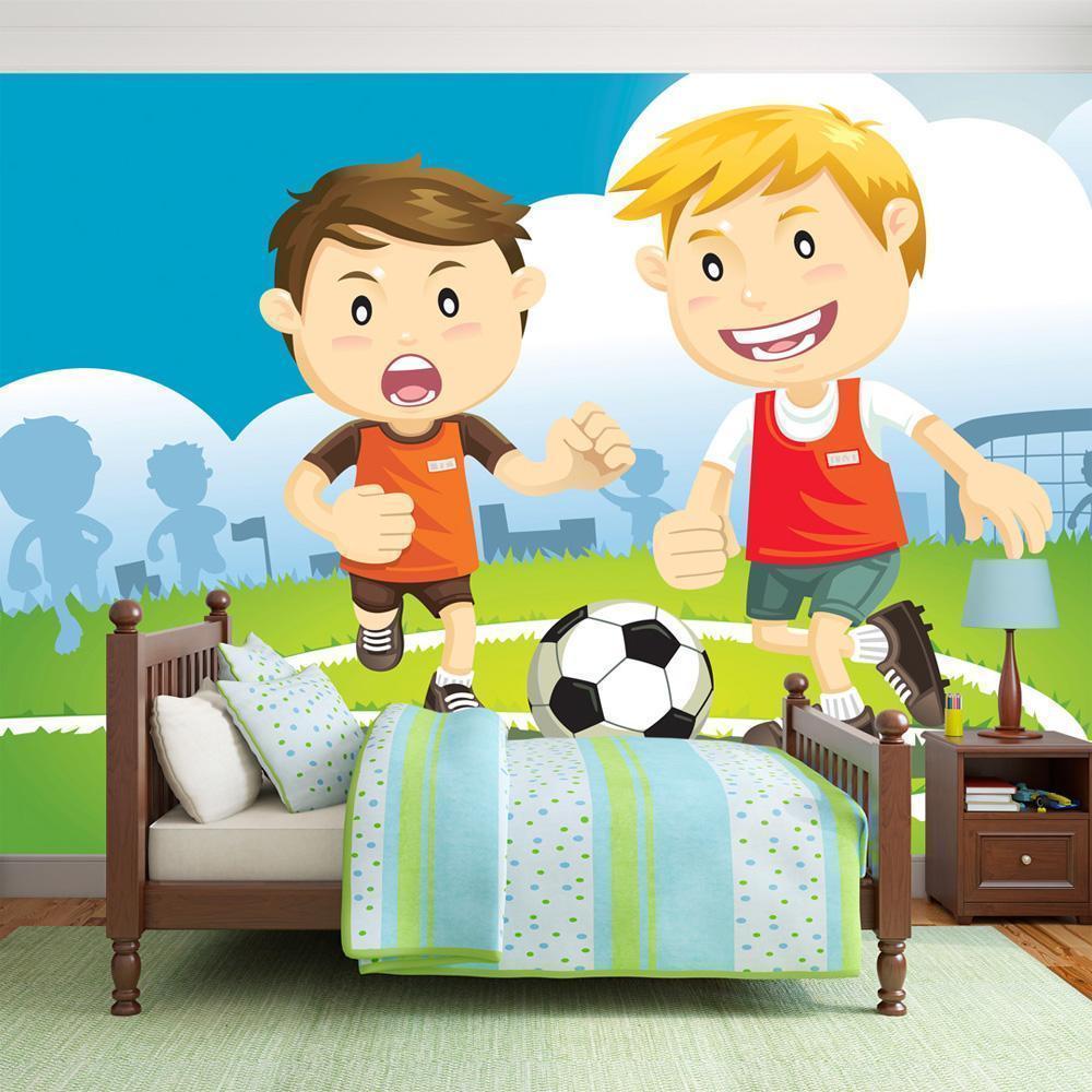 Wall Mural - Football Players - Boys playing soccer on a green field for children-Wall Murals-ArtfulPrivacy