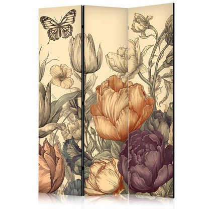 Room Divider - Tulips in Cream - Illustration of Flowers and Butterflies on a Light Background