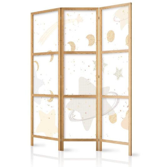 Japanese Room Divider - Fairy-Tale Galaxy - Moon Phases in Shades of Yellow Among Stars in Beige and Ash Colors with Stardust