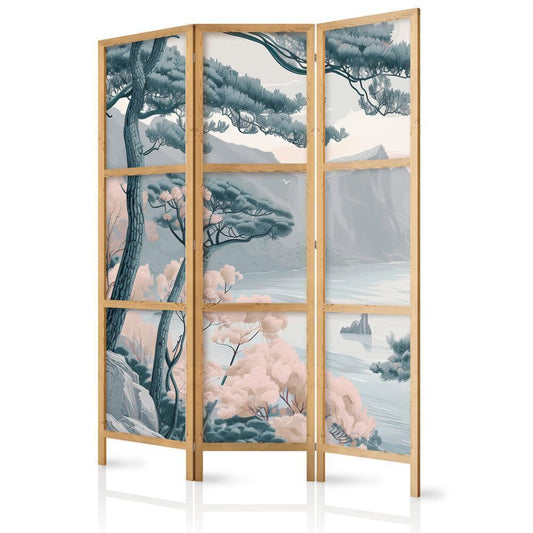 Japanese Room Divider - Mountainous Coastline with Trees and Rocks in Light Pastel Blues