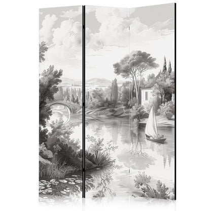 Room Divider - Black and White Vintage Landscape - Retro View of a Pond with a Boat