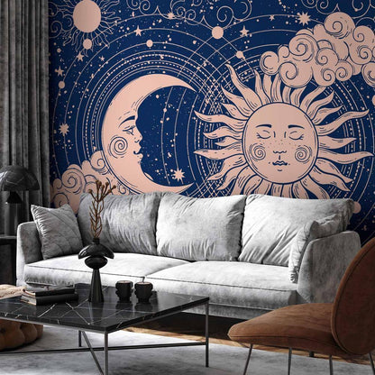 Wall Mural - Cosmic Harmony - Illustration of the Sun and Moon on a Navy Background