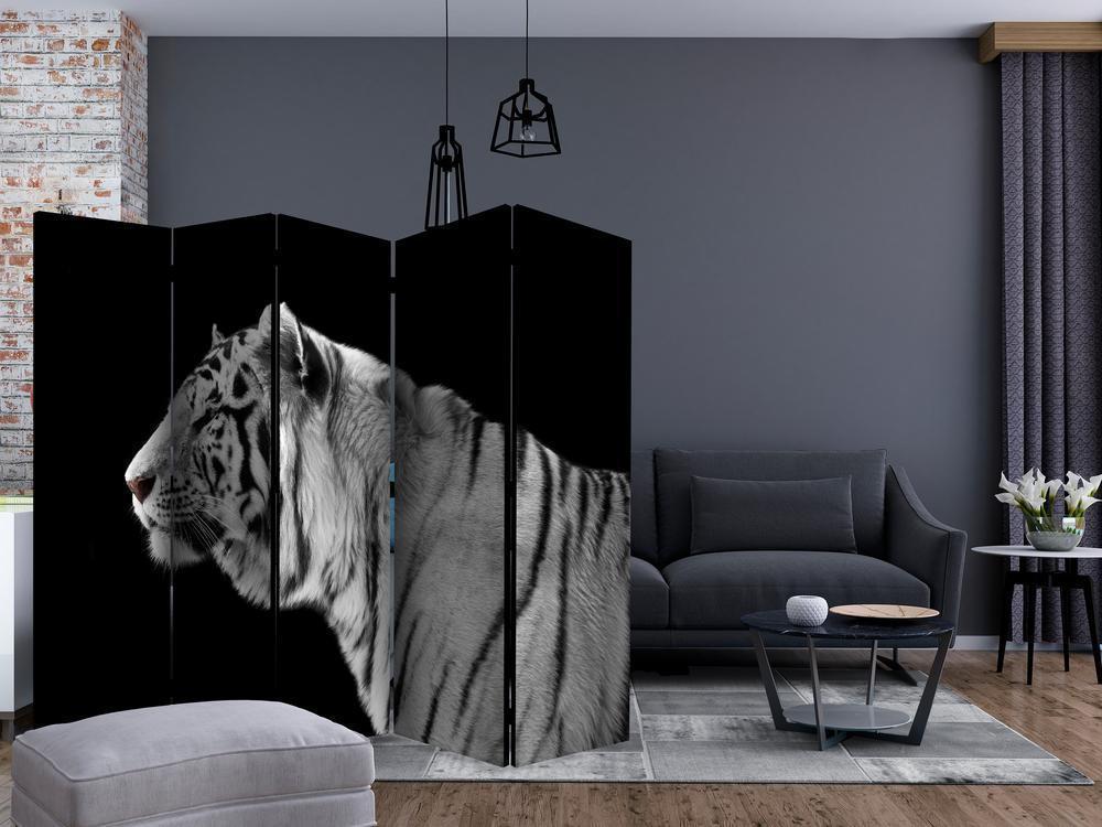 Room Divider - White tiger II- A 5 Panel Folding Screen For Living rooms, bedrooms or home office, decorative folding screen made with wood and canvas