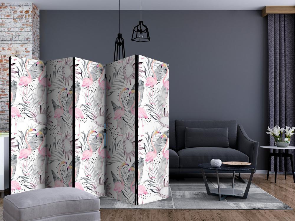 Room Divider - Flamingos and Twigs II- A 5 Panel Folding Screen For Living rooms, bedrooms or home office, decorative folding screen made with wood and canvas