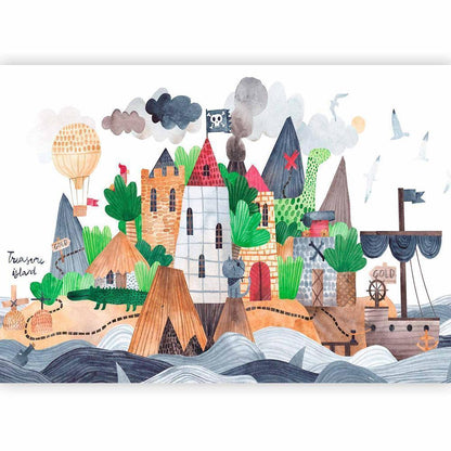 Wall Mural - A colourful treasure island with a castle - a pirate ship at sea for children