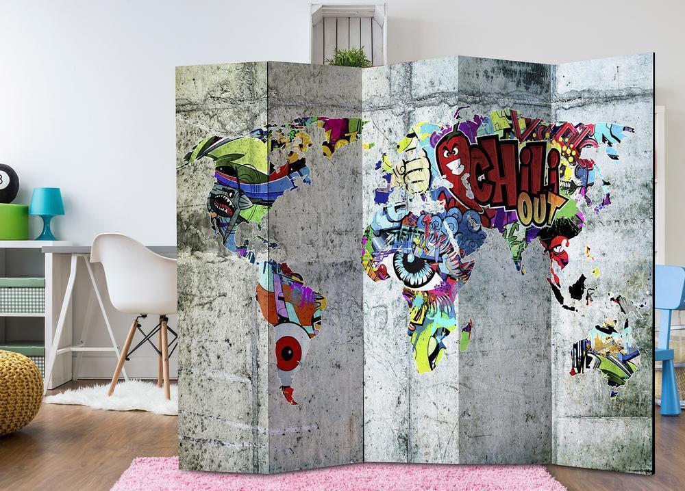 Decorative partition-Room Divider - Graffiti World-Folding Screen Wall Panel by ArtfulPrivacy