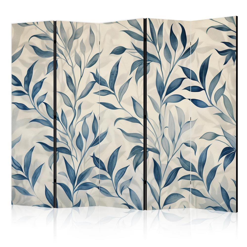 Room Divider - Leaves in Blue Colors - Delicate Botanical Motif- A 5 Panel Folding Screen For Living rooms, bedrooms or home office, decorative folding screen made with wood and canvas