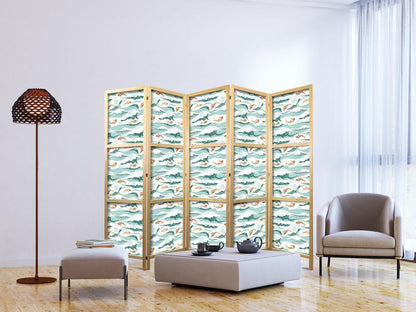 Japanese Room Divider - Fish Jumping Over Waves - Oriental Fish and Water Lilies Among High Waves in Shades of Sea Green