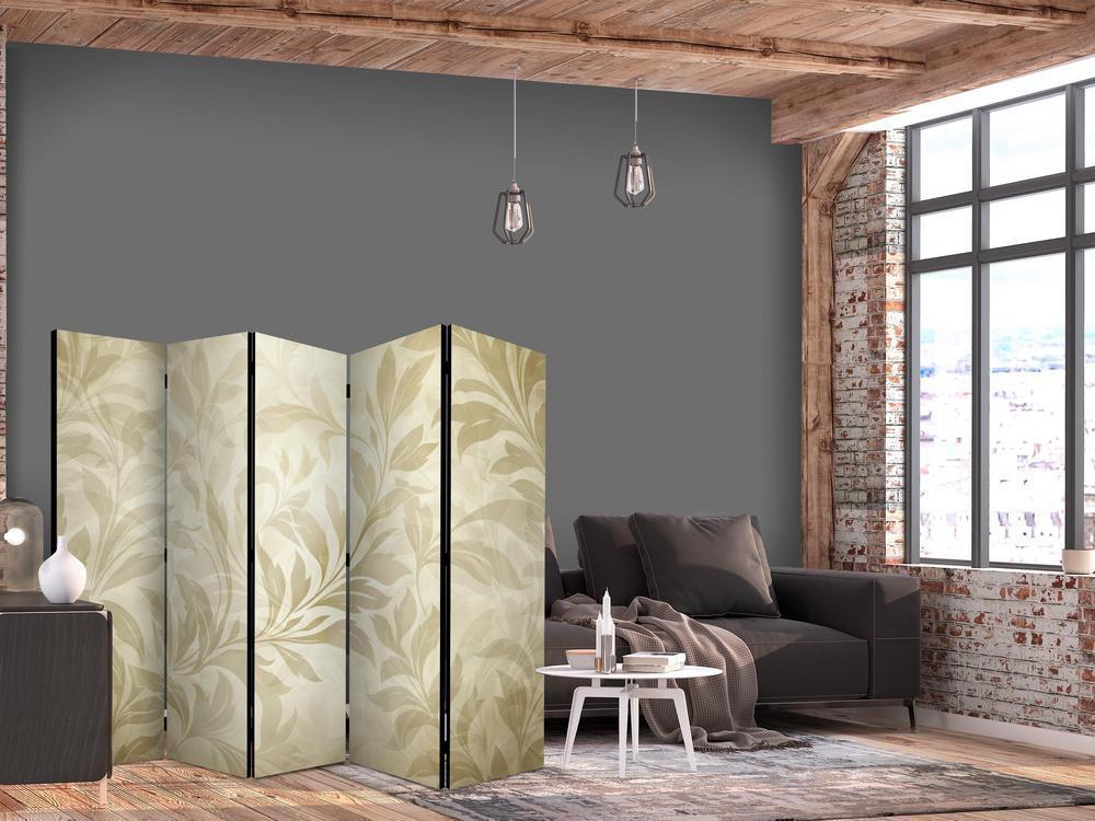 Room Divider - Botanical Motif with Leaves and Vines in Sandy Colors- A 5 Panel Folding Screen For Living rooms, bedrooms or home office, decorative folding screen made with wood and canvas