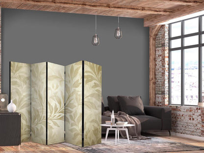 Room Divider - Botanical Motif with Leaves and Vines in Sandy Colors- A 5 Panel Folding Screen For Living rooms, bedrooms or home office, decorative folding screen made with wood and canvas