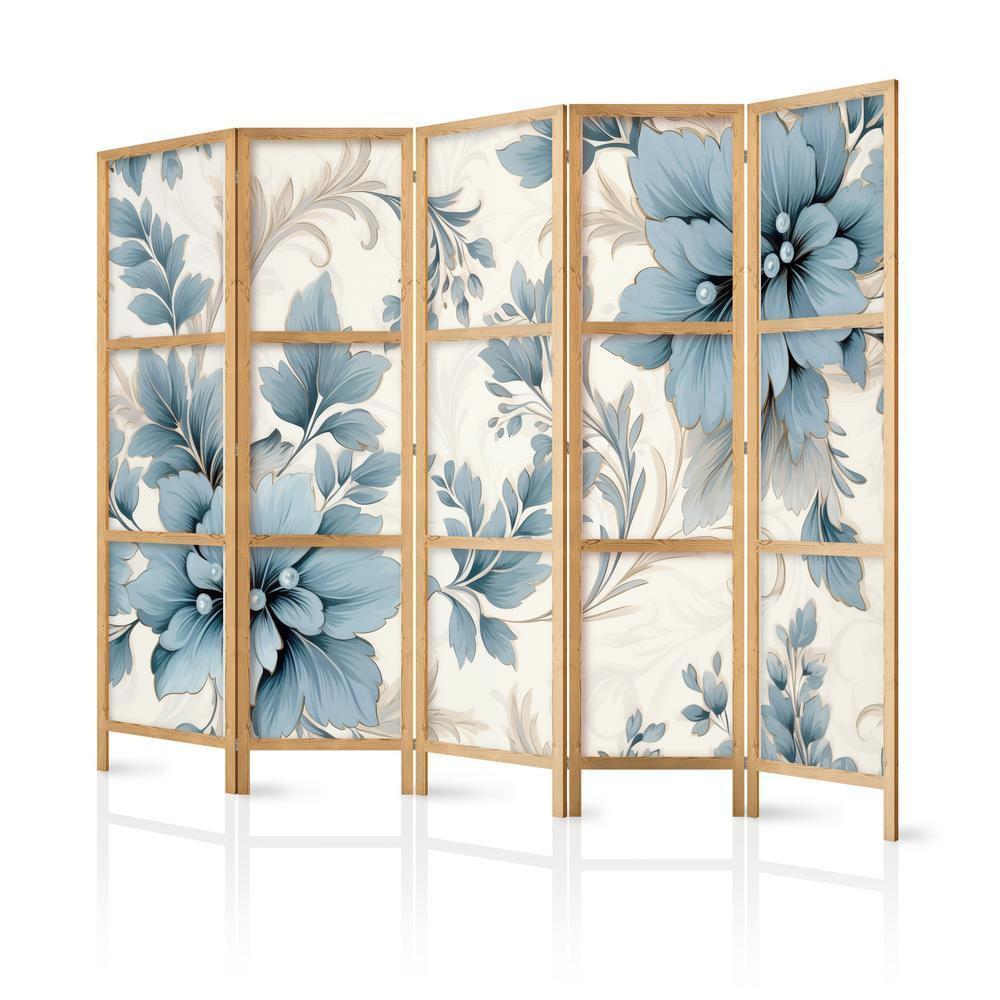 Japanese Room Divider - Turquoise Flowers in Retro Ambiance - Floral Ornaments